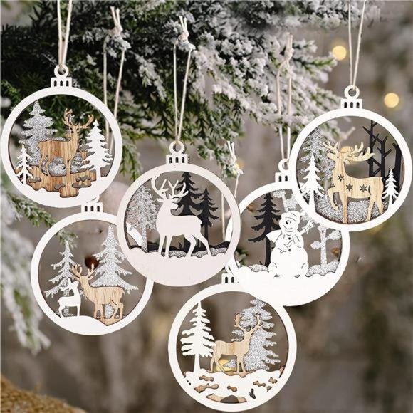 Wooden Christmas Ornaments Xmas Holiday Cabin Decor Deer Tree Decorations 6pc - Picture 1 of 11